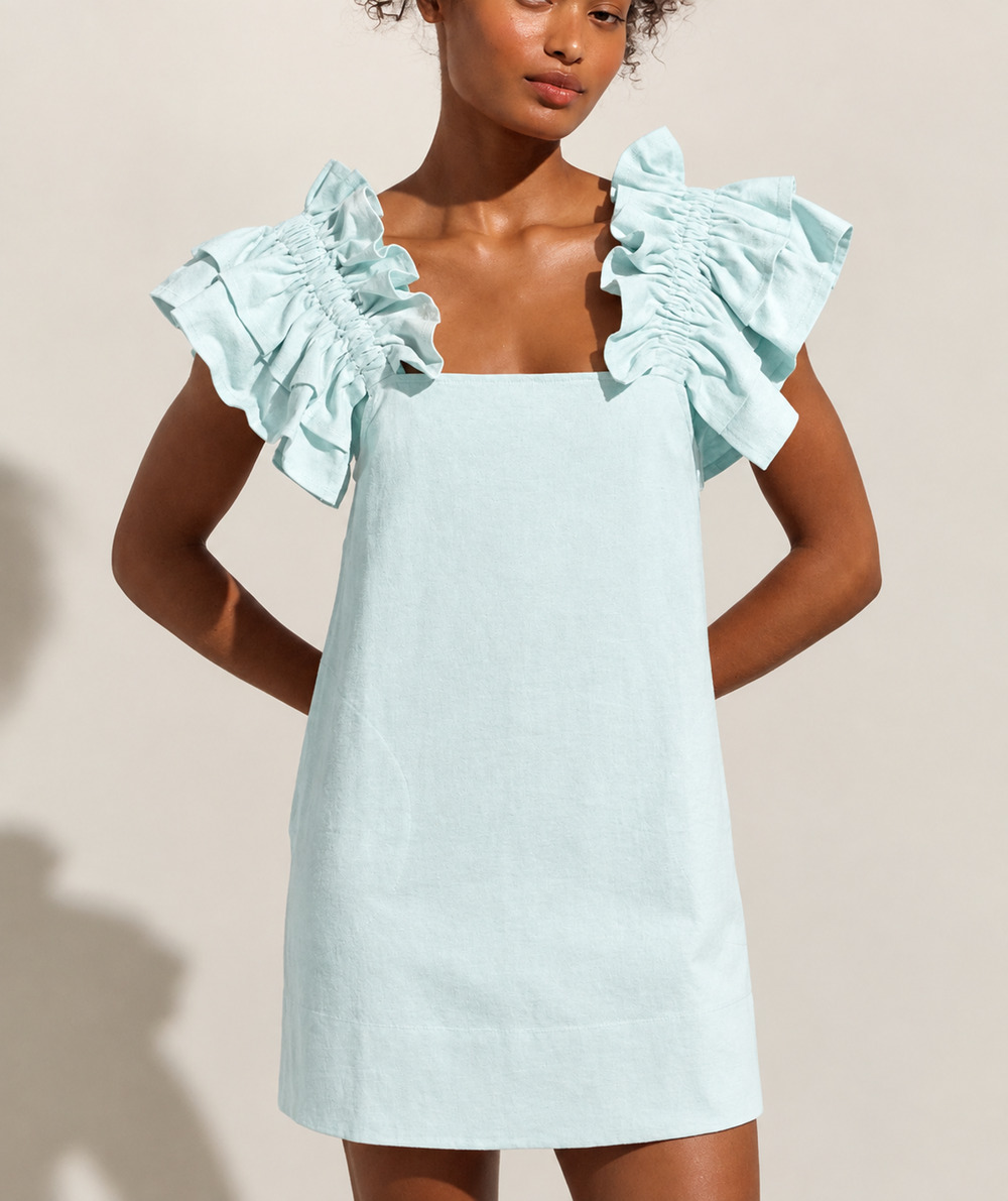 Free People Beach Josie Pale Blue Ruffle Shoulder Mini Dress Size M Boho Basic